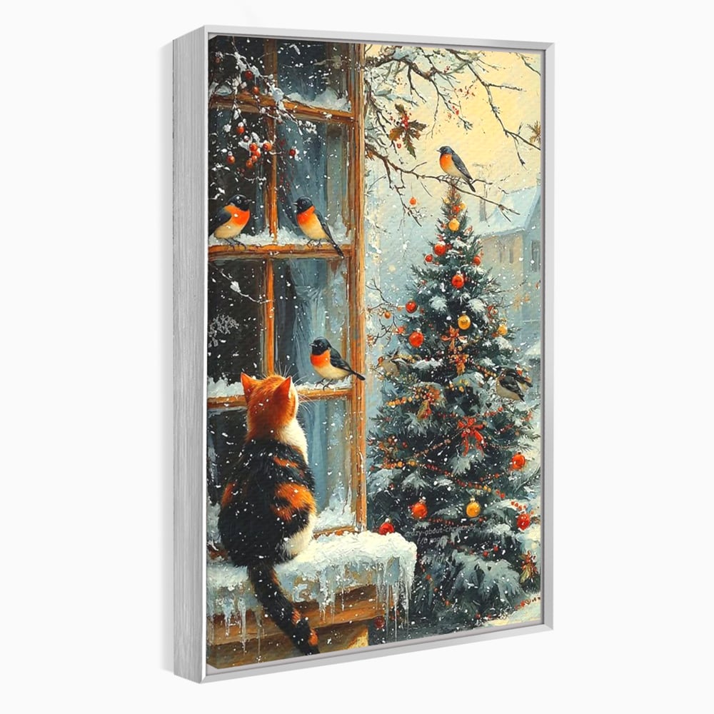 Tablou Canvas Premium, LuxCanva® D1097, Curiozitate printre fulgi, Pisica, Pasari, Natura, Privire, Contemplare, Visare, Fereastra, Craciun, Sarbatori, Magic, Fulgi, Zapada, Cartier, Living, Dormitor