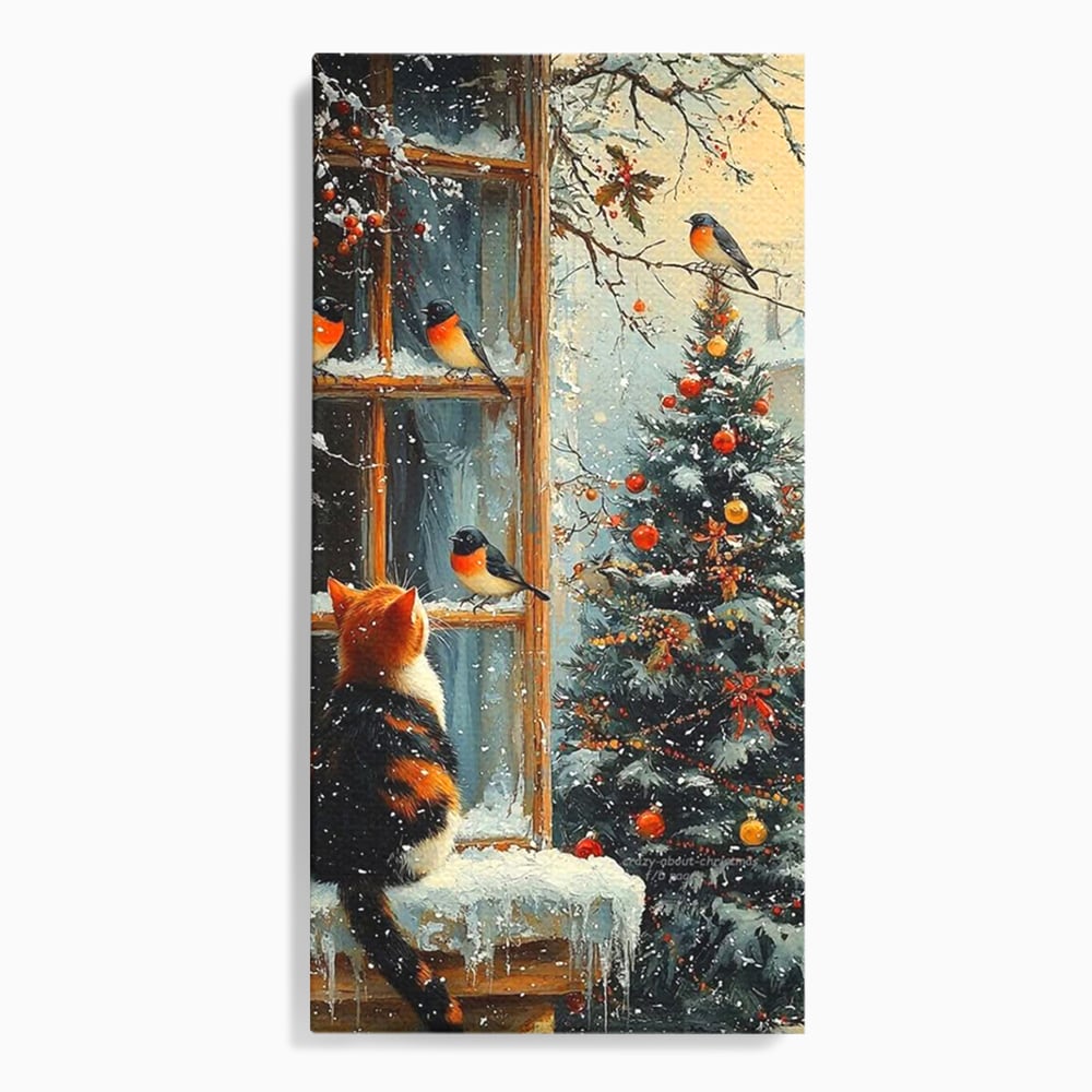 Tablou Canvas Premium, LuxCanva® D1097, Curiozitate printre fulgi, Pisica, Pasari, Natura, Privire, Contemplare, Visare, Fereastra, Craciun, Sarbatori, Magic, Fulgi, Zapada, Cartier, Living, Dormitor