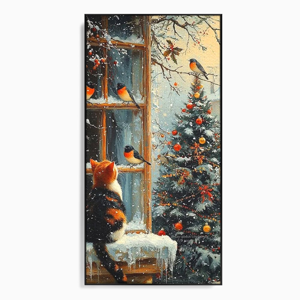 Tablou Canvas Premium, LuxCanva® D1097, Curiozitate printre fulgi, Pisica, Pasari, Natura, Privire, Contemplare, Visare, Fereastra, Craciun, Sarbatori, Magic, Fulgi, Zapada, Cartier, Living, Dormitor