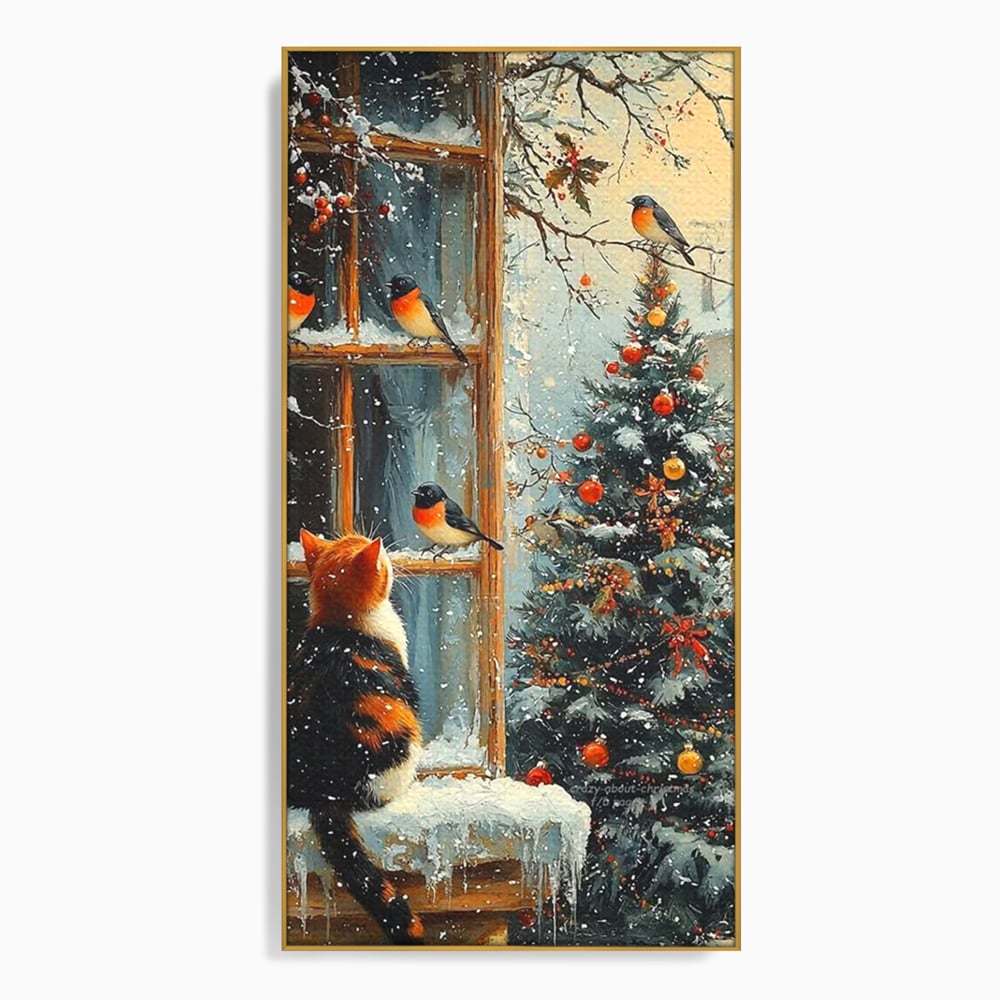 Tablou Canvas Premium, LuxCanva® D1097, Curiozitate printre fulgi, Pisica, Pasari, Natura, Privire, Contemplare, Visare, Fereastra, Craciun, Sarbatori, Magic, Fulgi, Zapada, Cartier, Living, Dormitor