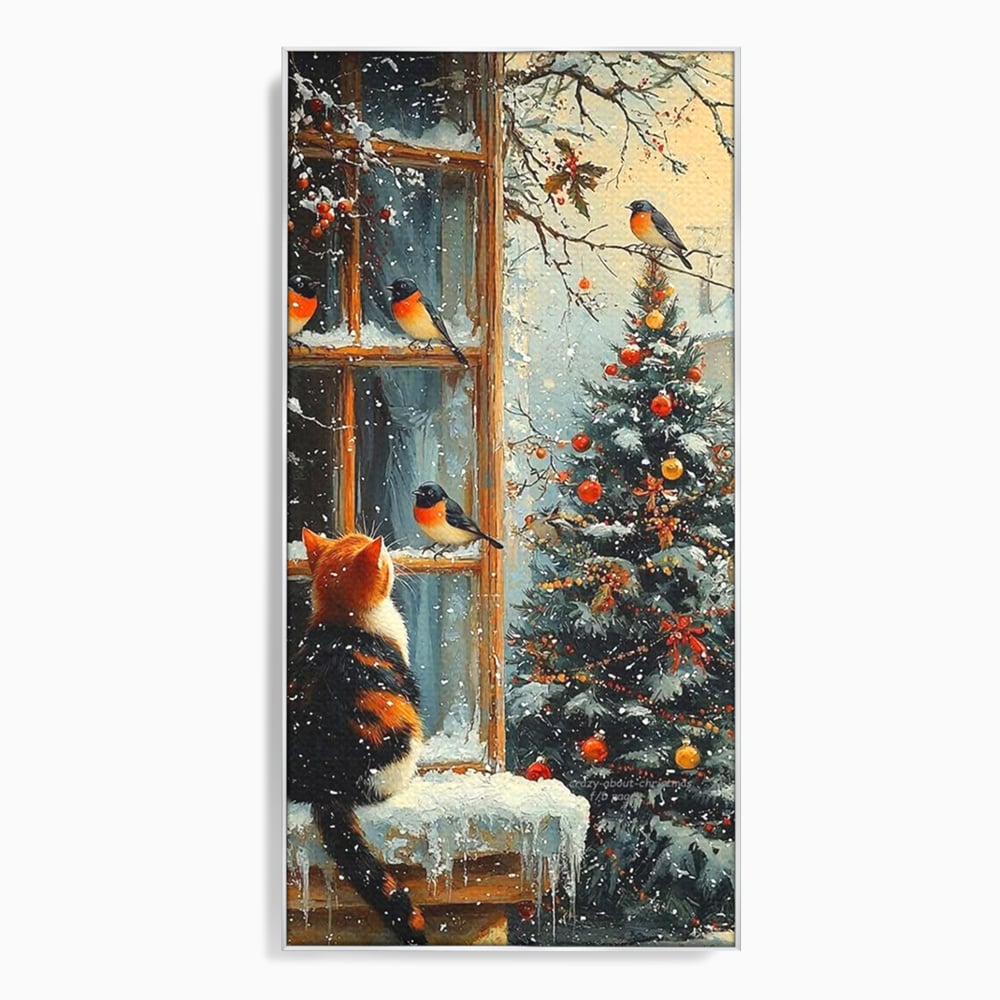 Tablou Canvas Premium, LuxCanva® D1097, Curiozitate printre fulgi, Pisica, Pasari, Natura, Privire, Contemplare, Visare, Fereastra, Craciun, Sarbatori, Magic, Fulgi, Zapada, Cartier, Living, Dormitor