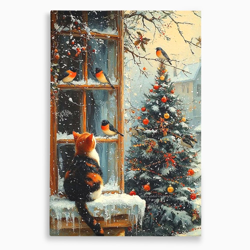 Tablou Canvas Premium, LuxCanva® D1097, Curiozitate printre fulgi, Pisica, Pasari, Natura, Privire, Contemplare, Visare, Fereastra, Craciun, Sarbatori, Magic, Fulgi, Zapada, Cartier, Living, Dormitor