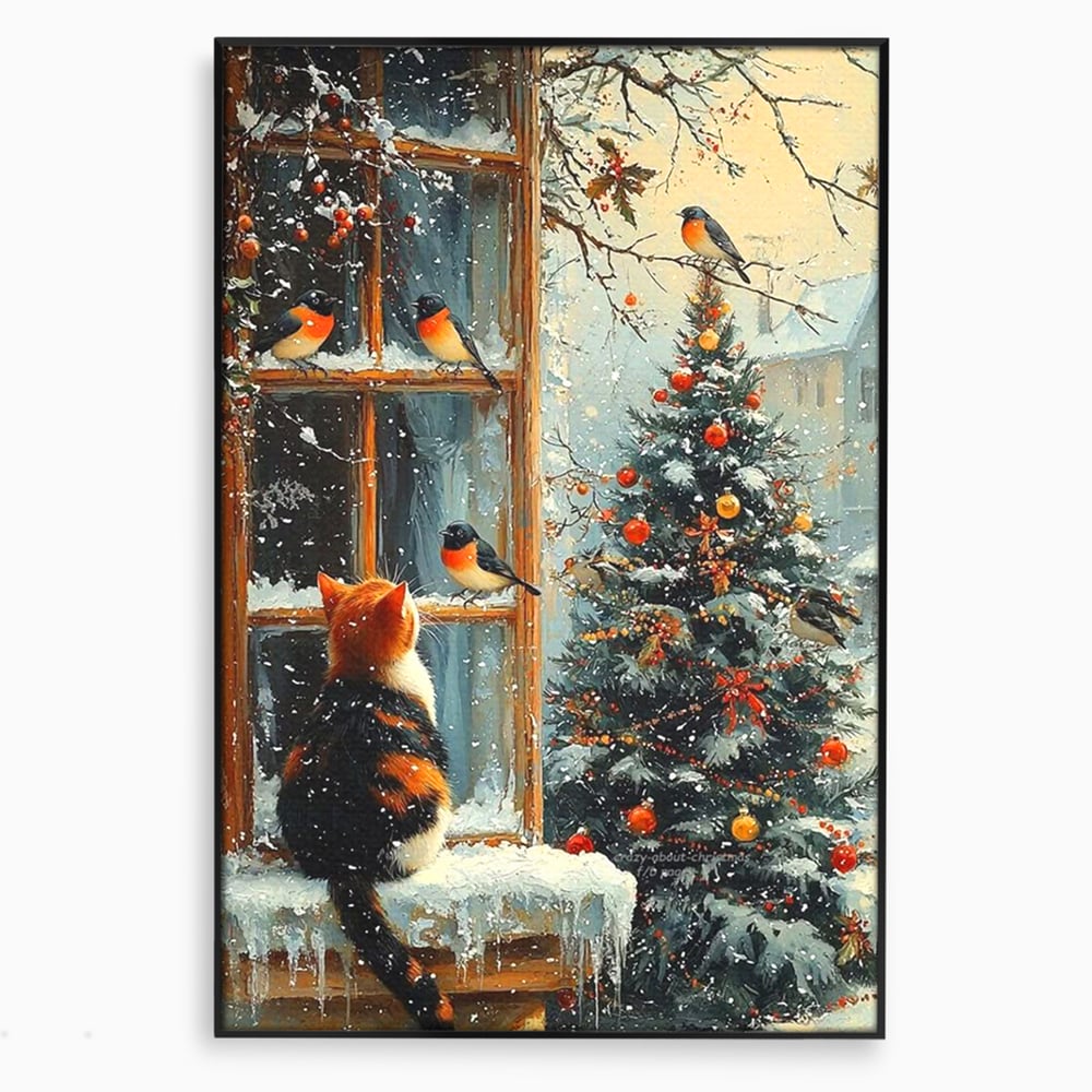 Tablou Canvas Premium, LuxCanva® D1097, Curiozitate printre fulgi, Pisica, Pasari, Natura, Privire, Contemplare, Visare, Fereastra, Craciun, Sarbatori, Magic, Fulgi, Zapada, Cartier, Living, Dormitor