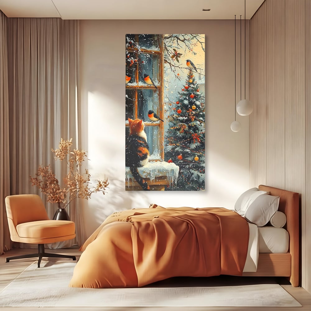 Tablou Canvas Premium, LuxCanva® D1097, Curiozitate printre fulgi, Pisica, Pasari, Natura, Privire, Contemplare, Visare, Fereastra, Craciun, Sarbatori, Magic, Fulgi, Zapada, Cartier, Living, Dormitor