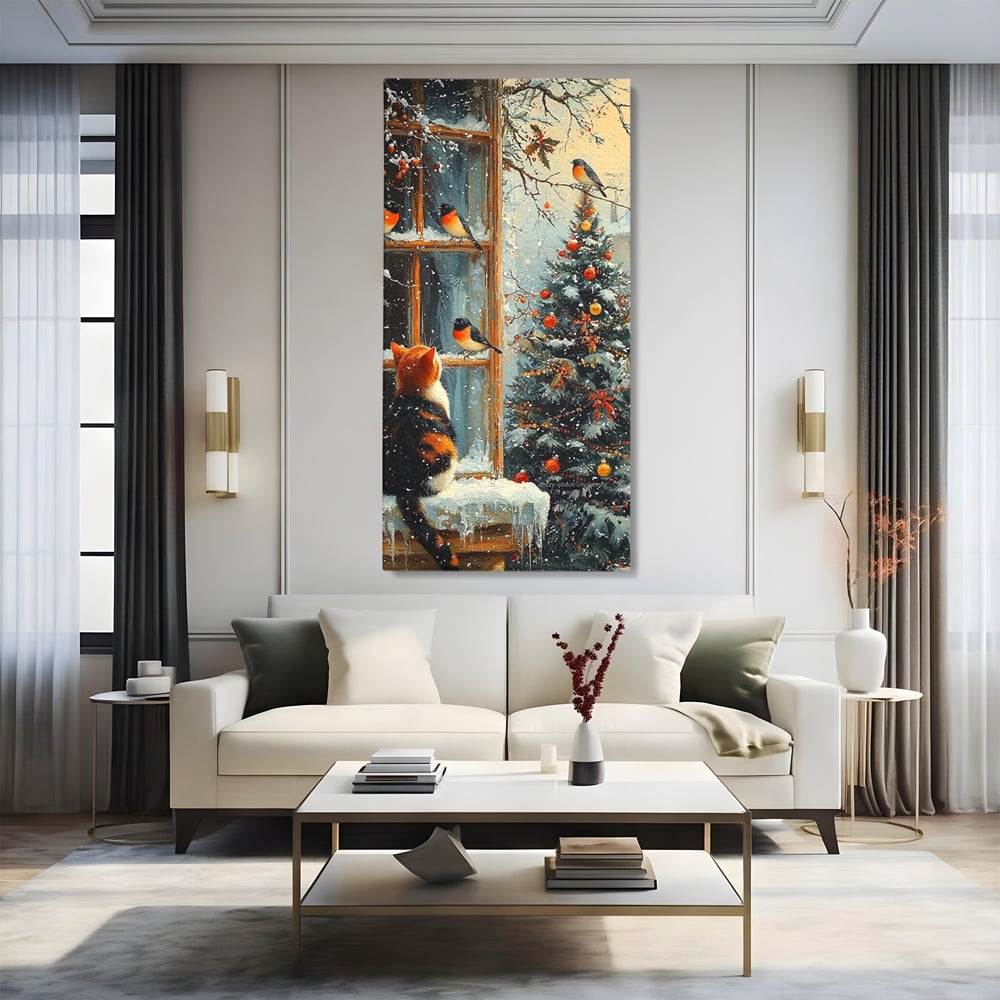 Tablou Canvas Premium, LuxCanva® D1097, Curiozitate printre fulgi, Pisica, Pasari, Natura, Privire, Contemplare, Visare, Fereastra, Craciun, Sarbatori, Magic, Fulgi, Zapada, Cartier, Living, Dormitor