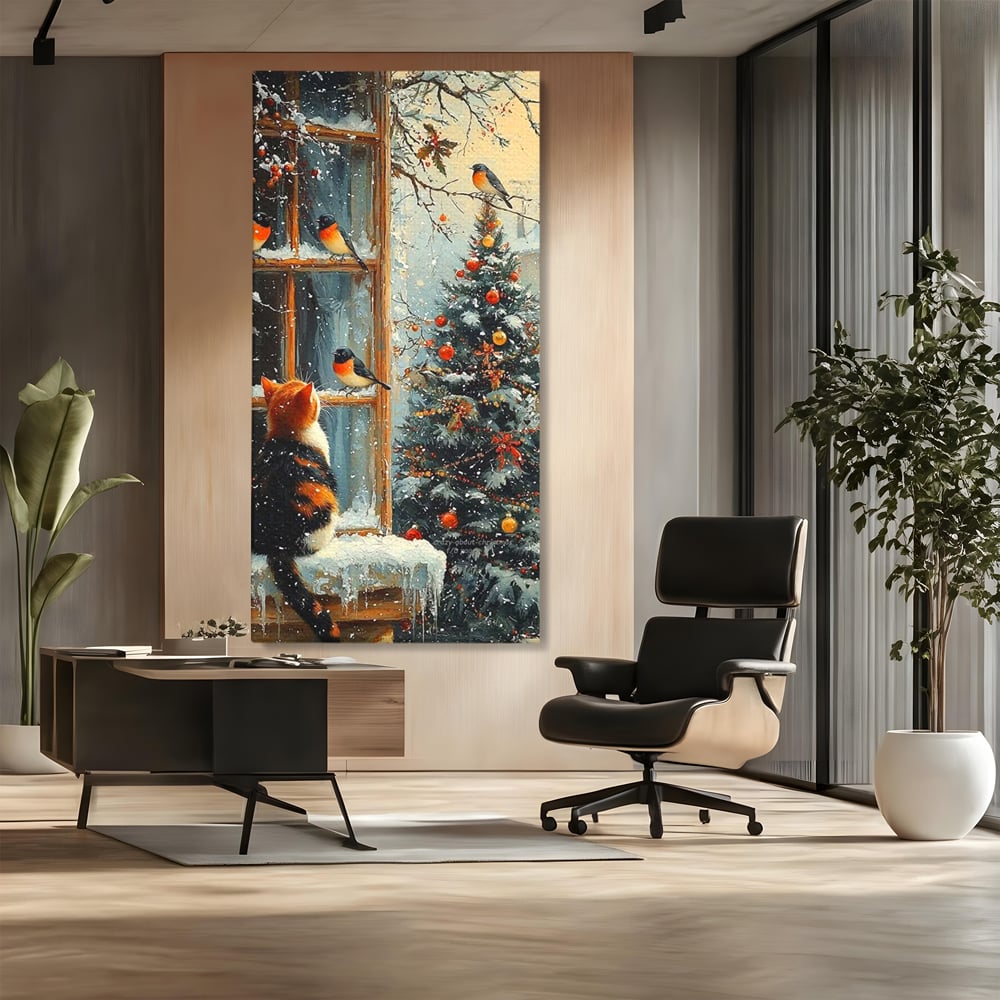 Tablou Canvas Premium, LuxCanva® D1097, Curiozitate printre fulgi, Pisica, Pasari, Natura, Privire, Contemplare, Visare, Fereastra, Craciun, Sarbatori, Magic, Fulgi, Zapada, Cartier, Living, Dormitor