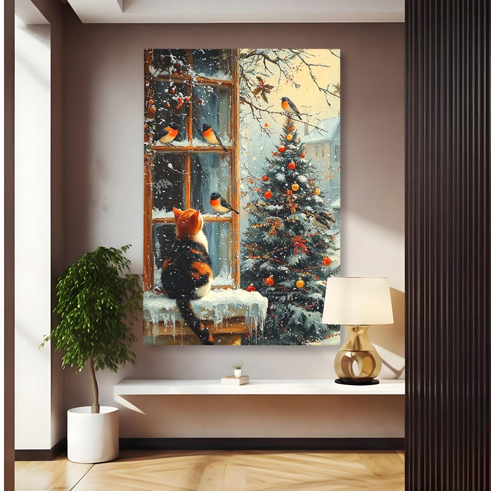 Tablou Canvas Premium, LuxCanva® D1097, Curiozitate printre fulgi, Pisica, Pasari, Natura, Privire, Contemplare, Visare, Fereastra, Craciun, Sarbatori, Magic, Fulgi, Zapada, Cartier, Living, Dormitor
