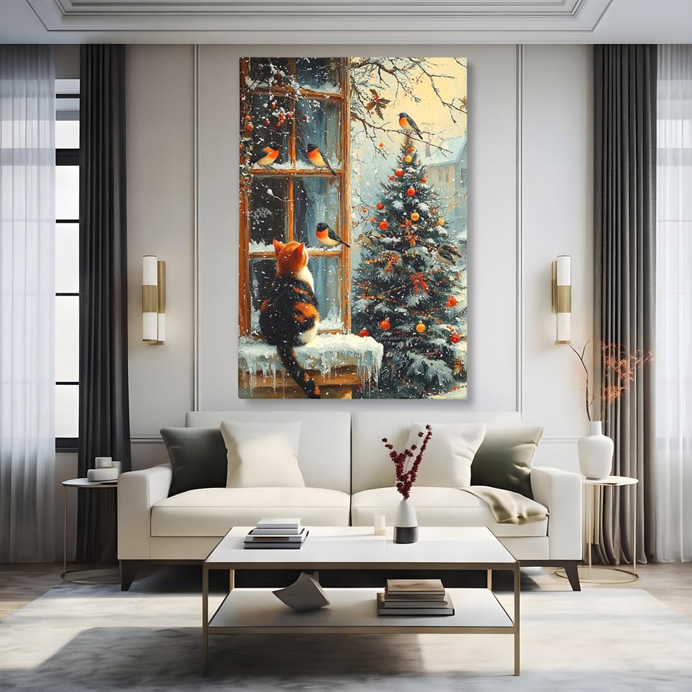 Tablou Canvas Premium, LuxCanva® D1097, Curiozitate printre fulgi, Pisica, Pasari, Natura, Privire, Contemplare, Visare, Fereastra, Craciun, Sarbatori, Magic, Fulgi, Zapada, Cartier, Living, Dormitor