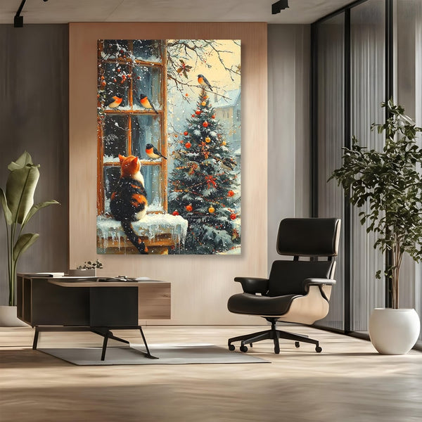 Tablou Canvas Premium, LuxCanva® D1097, Curiozitate printre fulgi, Pisica, Pasari, Natura, Privire, Contemplare, Visare, Fereastra, Craciun, Sarbatori, Magic, Fulgi, Zapada, Cartier, Living, Dormitor