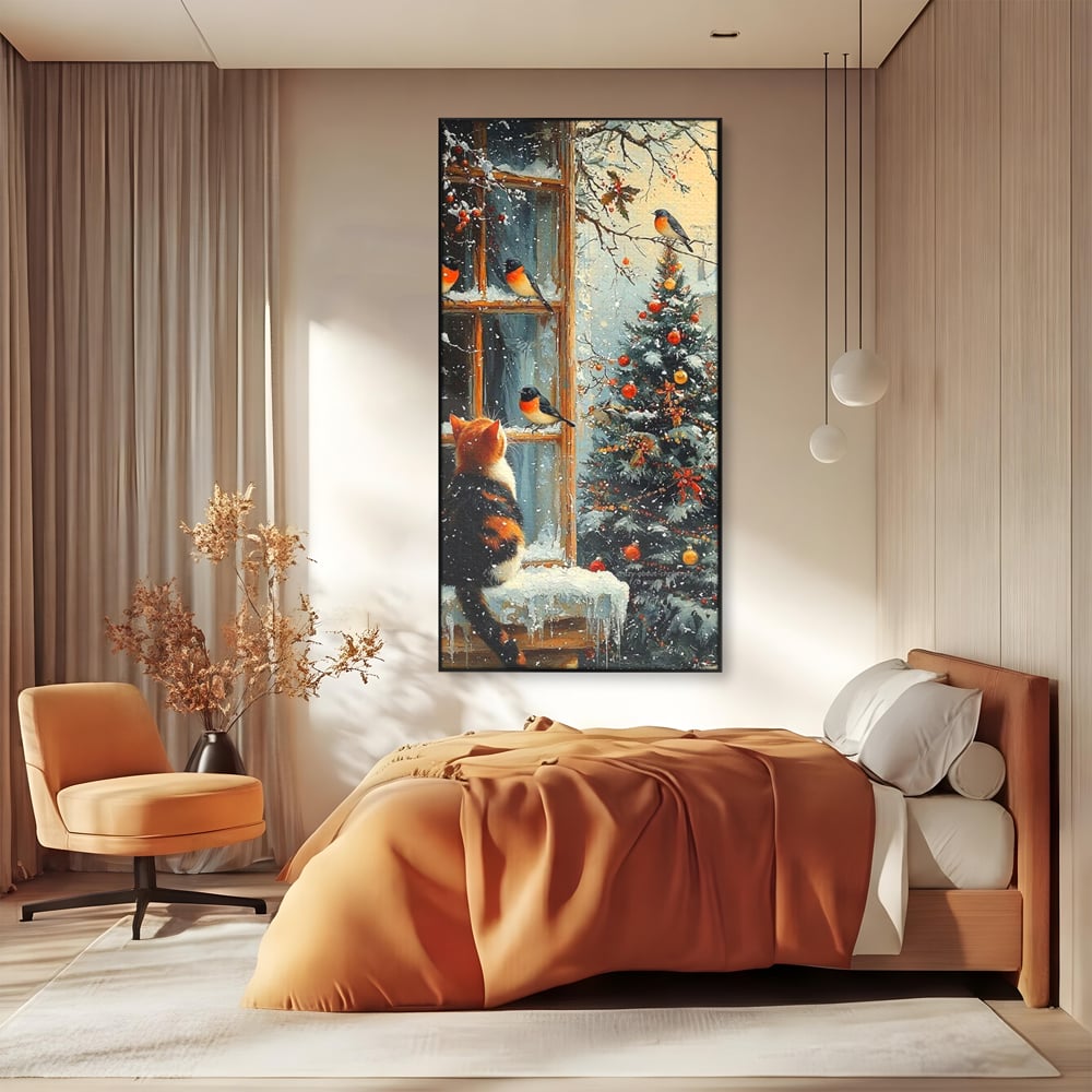 Tablou Canvas Premium, LuxCanva® D1097, Curiozitate printre fulgi, Pisica, Pasari, Natura, Privire, Contemplare, Visare, Fereastra, Craciun, Sarbatori, Magic, Fulgi, Zapada, Cartier, Living, Dormitor