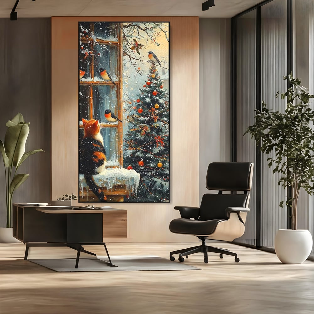 Tablou Canvas Premium, LuxCanva® D1097, Curiozitate printre fulgi, Pisica, Pasari, Natura, Privire, Contemplare, Visare, Fereastra, Craciun, Sarbatori, Magic, Fulgi, Zapada, Cartier, Living, Dormitor