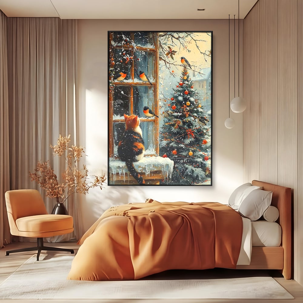 Tablou Canvas Premium, LuxCanva® D1097, Curiozitate printre fulgi, Pisica, Pasari, Natura, Privire, Contemplare, Visare, Fereastra, Craciun, Sarbatori, Magic, Fulgi, Zapada, Cartier, Living, Dormitor