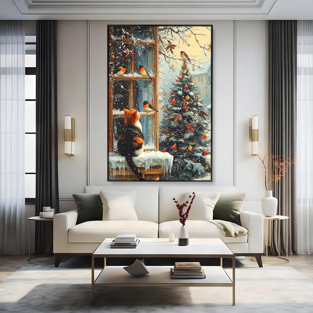 Tablou Canvas Premium, LuxCanva® D1097, Curiozitate printre fulgi, Pisica, Pasari, Natura, Privire, Contemplare, Visare, Fereastra, Craciun, Sarbatori, Magic, Fulgi, Zapada, Cartier, Living, Dormitor