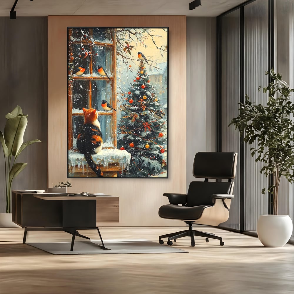 Tablou Canvas Premium, LuxCanva® D1097, Curiozitate printre fulgi, Pisica, Pasari, Natura, Privire, Contemplare, Visare, Fereastra, Craciun, Sarbatori, Magic, Fulgi, Zapada, Cartier, Living, Dormitor
