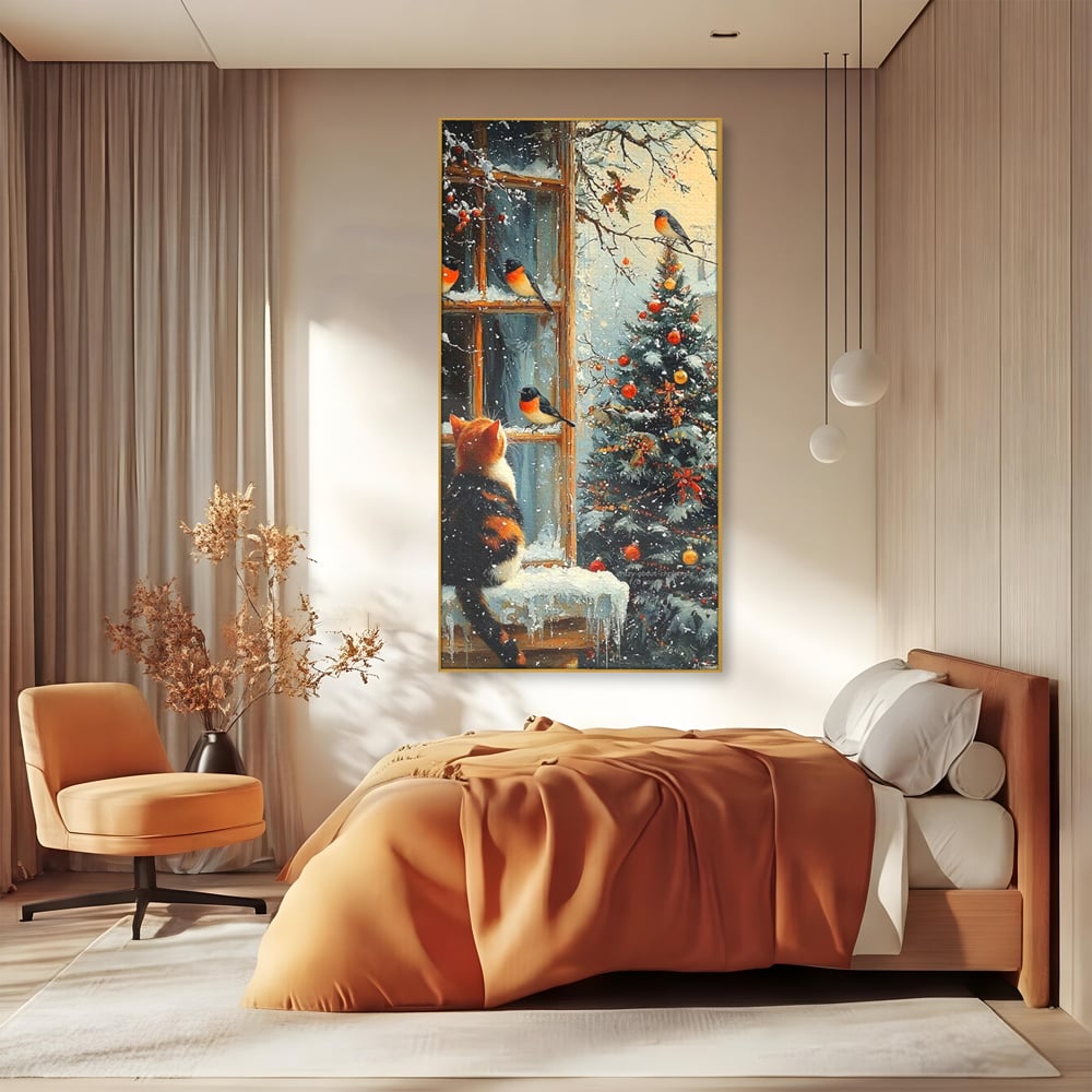 Tablou Canvas Premium, LuxCanva® D1097, Curiozitate printre fulgi, Pisica, Pasari, Natura, Privire, Contemplare, Visare, Fereastra, Craciun, Sarbatori, Magic, Fulgi, Zapada, Cartier, Living, Dormitor