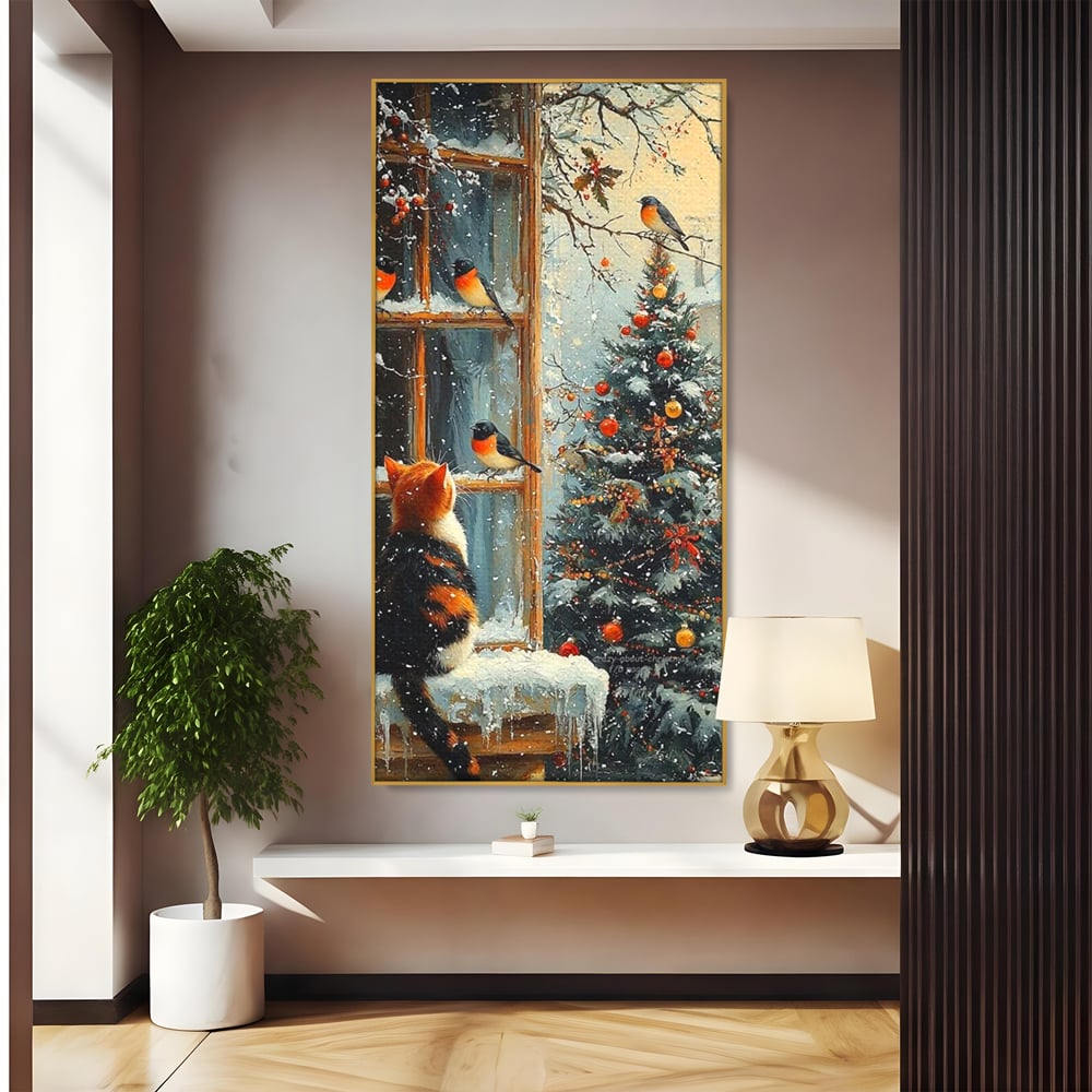 Tablou Canvas Premium, LuxCanva® D1097, Curiozitate printre fulgi, Pisica, Pasari, Natura, Privire, Contemplare, Visare, Fereastra, Craciun, Sarbatori, Magic, Fulgi, Zapada, Cartier, Living, Dormitor