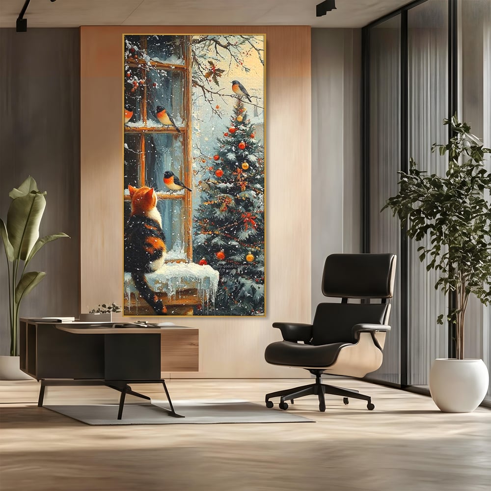 Tablou Canvas Premium, LuxCanva® D1097, Curiozitate printre fulgi, Pisica, Pasari, Natura, Privire, Contemplare, Visare, Fereastra, Craciun, Sarbatori, Magic, Fulgi, Zapada, Cartier, Living, Dormitor