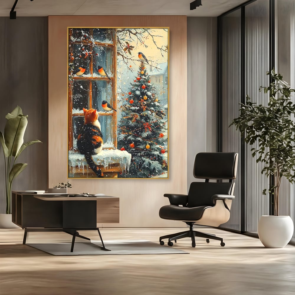 Tablou Canvas Premium, LuxCanva® D1097, Curiozitate printre fulgi, Pisica, Pasari, Natura, Privire, Contemplare, Visare, Fereastra, Craciun, Sarbatori, Magic, Fulgi, Zapada, Cartier, Living, Dormitor