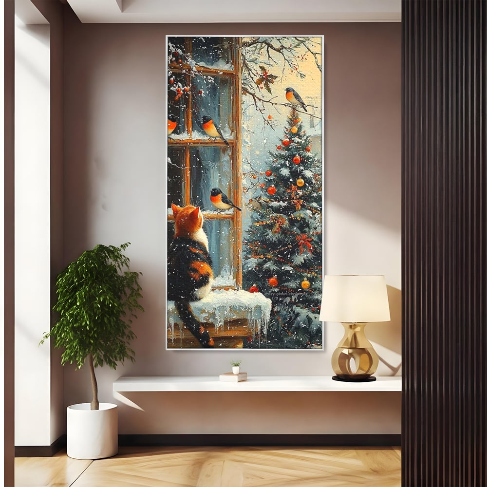 Tablou Canvas Premium, LuxCanva® D1097, Curiozitate printre fulgi, Pisica, Pasari, Natura, Privire, Contemplare, Visare, Fereastra, Craciun, Sarbatori, Magic, Fulgi, Zapada, Cartier, Living, Dormitor