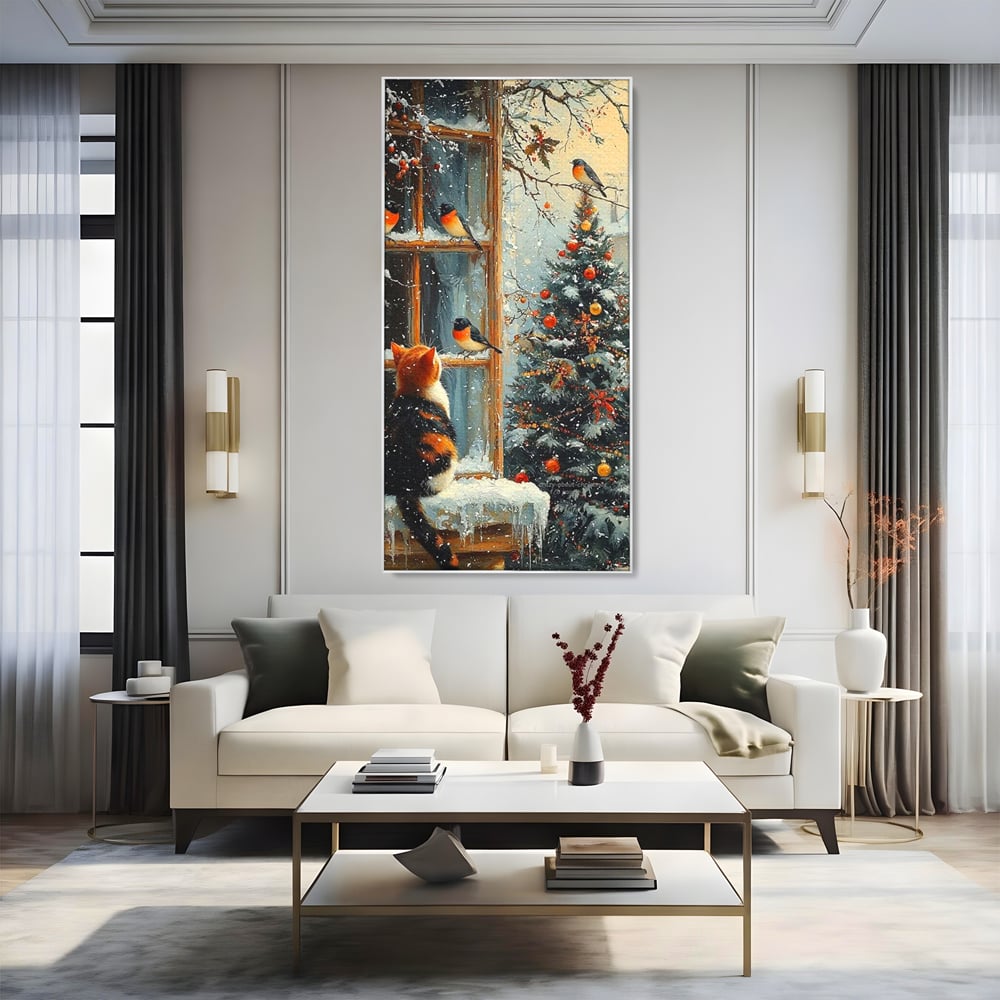 Tablou Canvas Premium, LuxCanva® D1097, Curiozitate printre fulgi, Pisica, Pasari, Natura, Privire, Contemplare, Visare, Fereastra, Craciun, Sarbatori, Magic, Fulgi, Zapada, Cartier, Living, Dormitor
