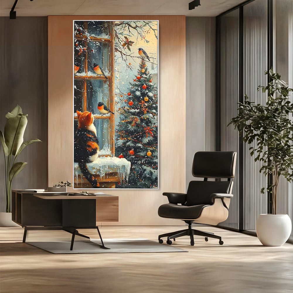Tablou Canvas Premium, LuxCanva® D1097, Curiozitate printre fulgi, Pisica, Pasari, Natura, Privire, Contemplare, Visare, Fereastra, Craciun, Sarbatori, Magic, Fulgi, Zapada, Cartier, Living, Dormitor