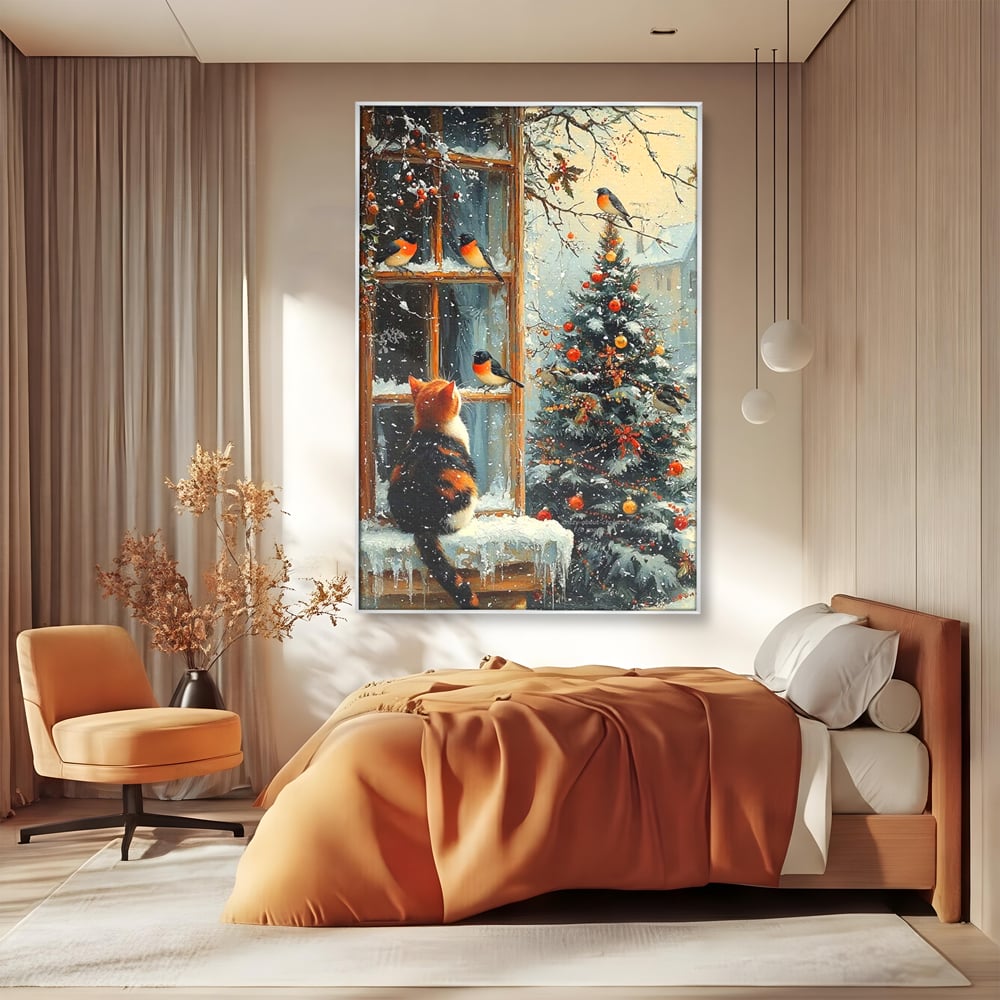 Tablou Canvas Premium, LuxCanva® D1097, Curiozitate printre fulgi, Pisica, Pasari, Natura, Privire, Contemplare, Visare, Fereastra, Craciun, Sarbatori, Magic, Fulgi, Zapada, Cartier, Living, Dormitor