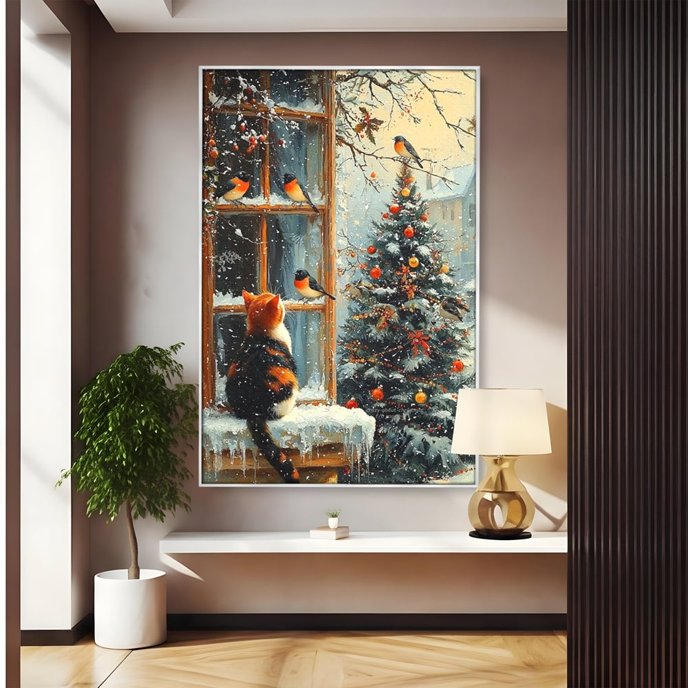 Tablou Canvas Premium, LuxCanva® D1097, Curiozitate printre fulgi, Pisica, Pasari, Natura, Privire, Contemplare, Visare, Fereastra, Craciun, Sarbatori, Magic, Fulgi, Zapada, Cartier, Living, Dormitor