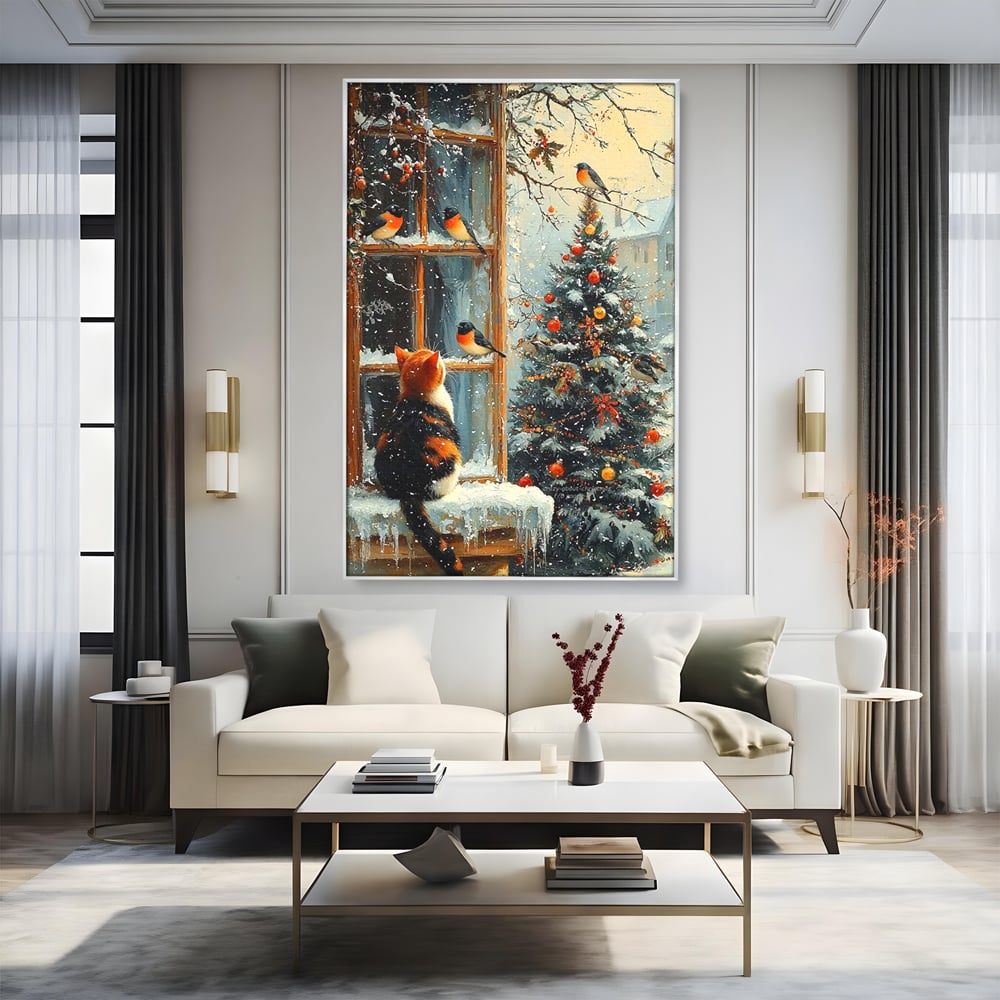 Tablou Canvas Premium, LuxCanva® D1097, Curiozitate printre fulgi, Pisica, Pasari, Natura, Privire, Contemplare, Visare, Fereastra, Craciun, Sarbatori, Magic, Fulgi, Zapada, Cartier, Living, Dormitor