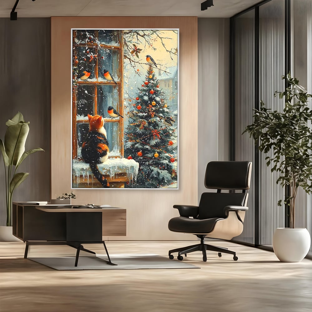 Tablou Canvas Premium, LuxCanva® D1097, Curiozitate printre fulgi, Pisica, Pasari, Natura, Privire, Contemplare, Visare, Fereastra, Craciun, Sarbatori, Magic, Fulgi, Zapada, Cartier, Living, Dormitor