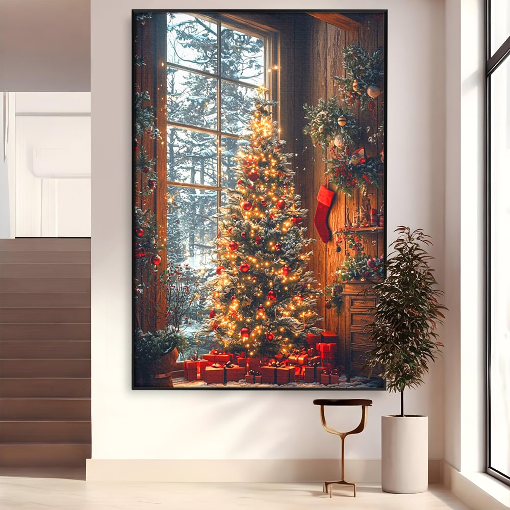 Tablou Canvas Premium, LuxCanva® D1098, Sub Bradul cu Poveste, Magie, Craciun, Acasa, Brad, Luminite, Podoabe, Rosu, Caldura, Familie, Traditie, Pace, Cadouri, Fericire, Globuri, Living, Dormitor