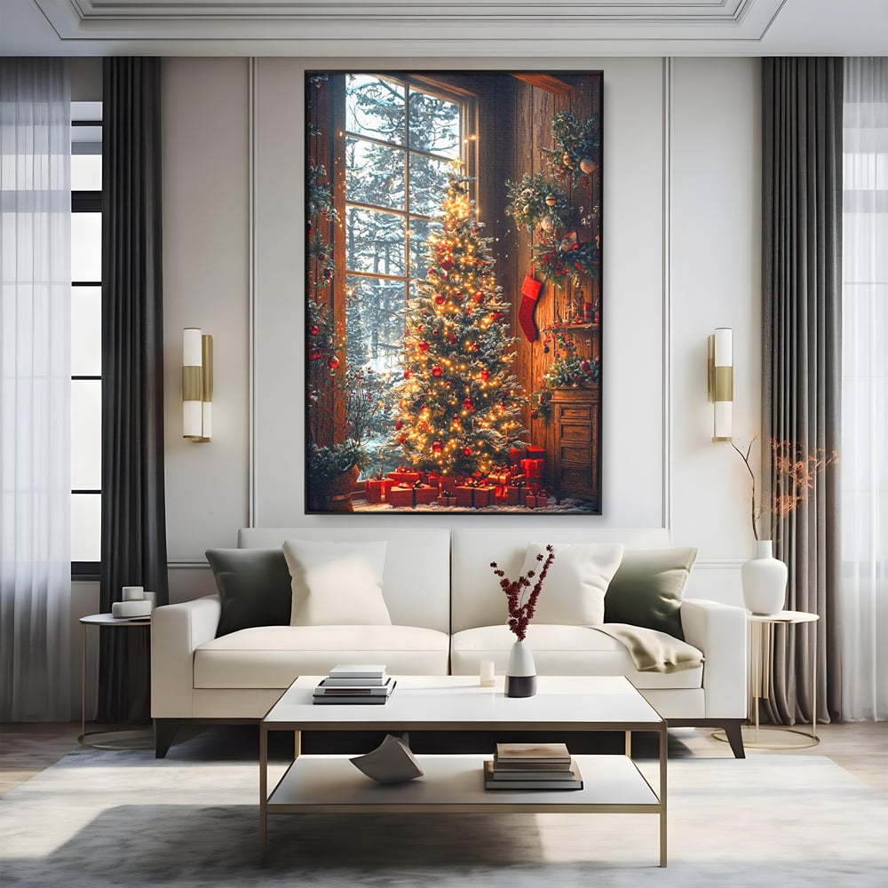 Tablou Canvas Premium, LuxCanva® D1098, Sub Bradul cu Poveste, Magie, Craciun, Acasa, Brad, Luminite, Podoabe, Rosu, Caldura, Familie, Traditie, Pace, Cadouri, Fericire, Globuri, Living, Dormitor