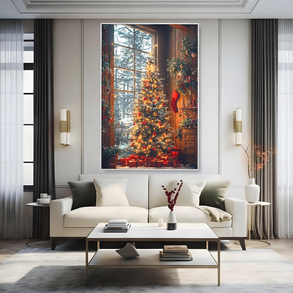 Tablou Canvas Premium, LuxCanva® D1098, Sub Bradul cu Poveste, Magie, Craciun, Acasa, Brad, Luminite, Podoabe, Rosu, Caldura, Familie, Traditie, Pace, Cadouri, Fericire, Globuri, Living, Dormitor