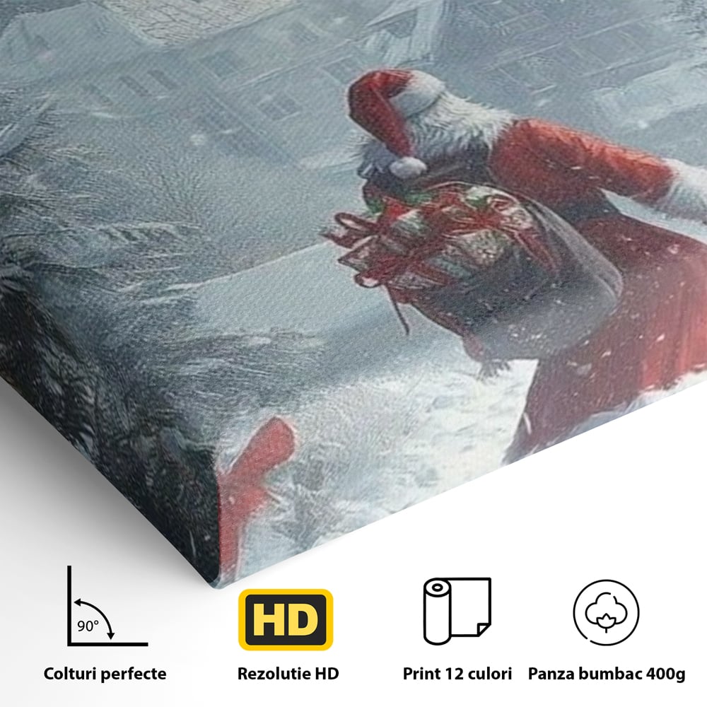 Leinwand Wandbilder Premium, LuxCanva® D1099, Heiligabend, Weihnachtsmann, Sack, Geschenke, Geschenke, Spielzeug, Anzug, Rot, Bart, Weiß, Weiß, Carares, Häuser, Häuser, Schnee, Schnee, Schnee, Freude, Zauber, Kinder, Wohnen, Schlafzimmer