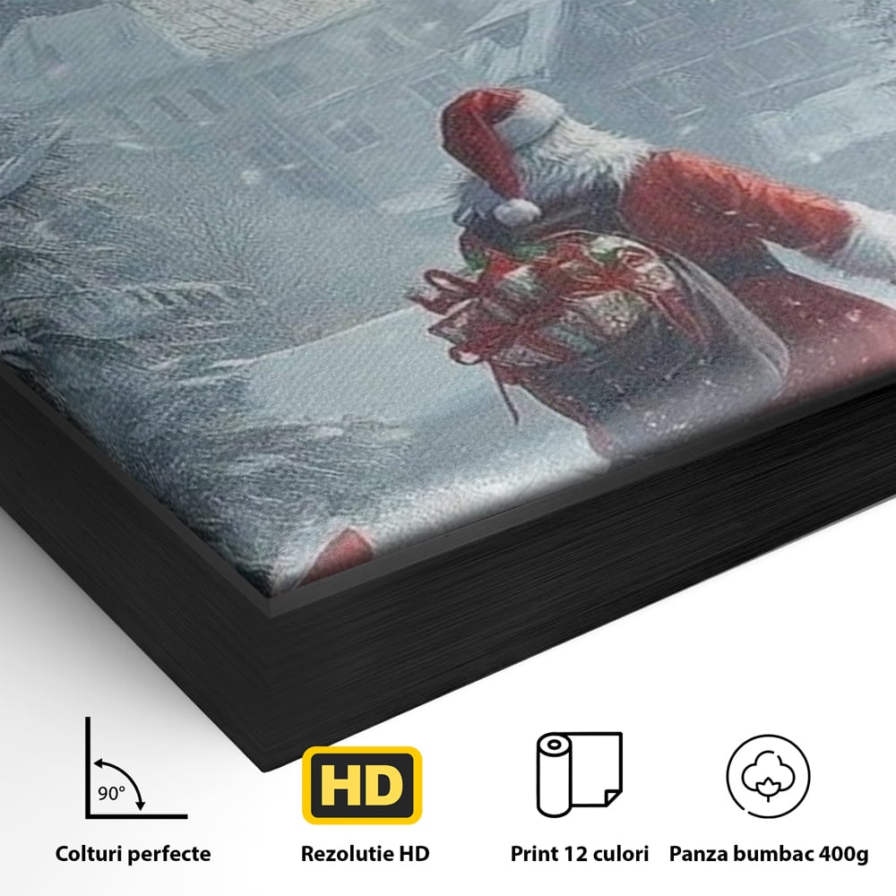 Leinwand Wandbilder Premium, LuxCanva® D1099, Heiligabend, Weihnachtsmann, Sack, Geschenke, Geschenke, Spielzeug, Anzug, Rot, Bart, Weiß, Weiß, Carares, Häuser, Häuser, Schnee, Schnee, Schnee, Freude, Zauber, Kinder, Wohnen, Schlafzimmer