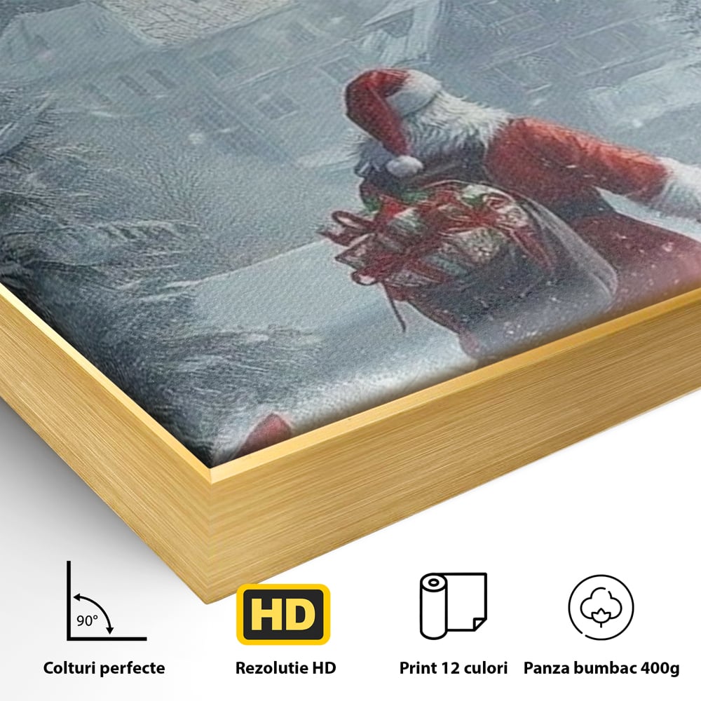 Leinwand Wandbilder Premium, LuxCanva® D1099, Heiligabend, Weihnachtsmann, Sack, Geschenke, Geschenke, Spielzeug, Anzug, Rot, Bart, Weiß, Weiß, Carares, Häuser, Häuser, Schnee, Schnee, Schnee, Freude, Zauber, Kinder, Wohnen, Schlafzimmer