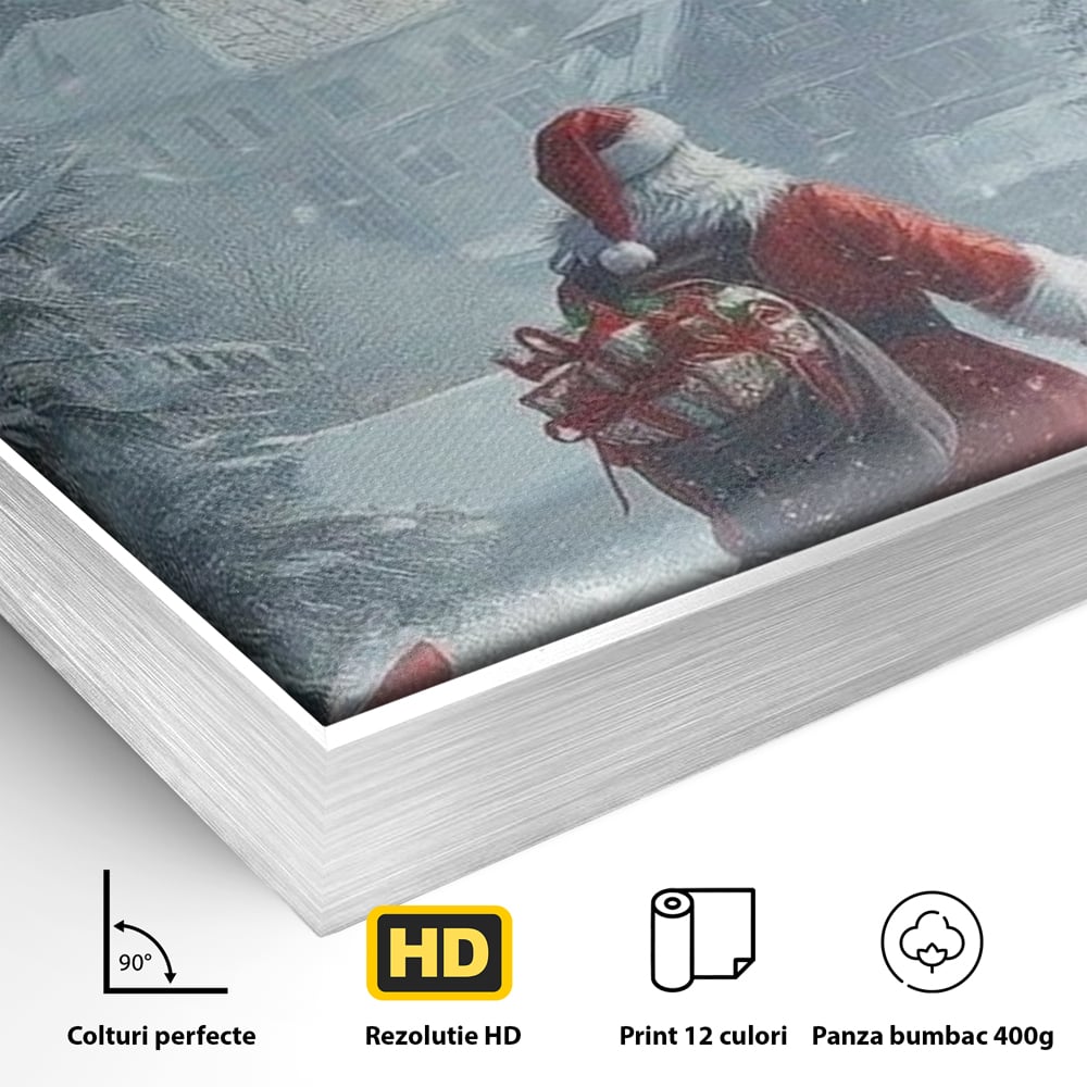 Leinwand Wandbilder Premium, LuxCanva® D1099, Heiligabend, Weihnachtsmann, Sack, Geschenke, Geschenke, Spielzeug, Anzug, Rot, Bart, Weiß, Weiß, Carares, Häuser, Häuser, Schnee, Schnee, Schnee, Freude, Zauber, Kinder, Wohnen, Schlafzimmer