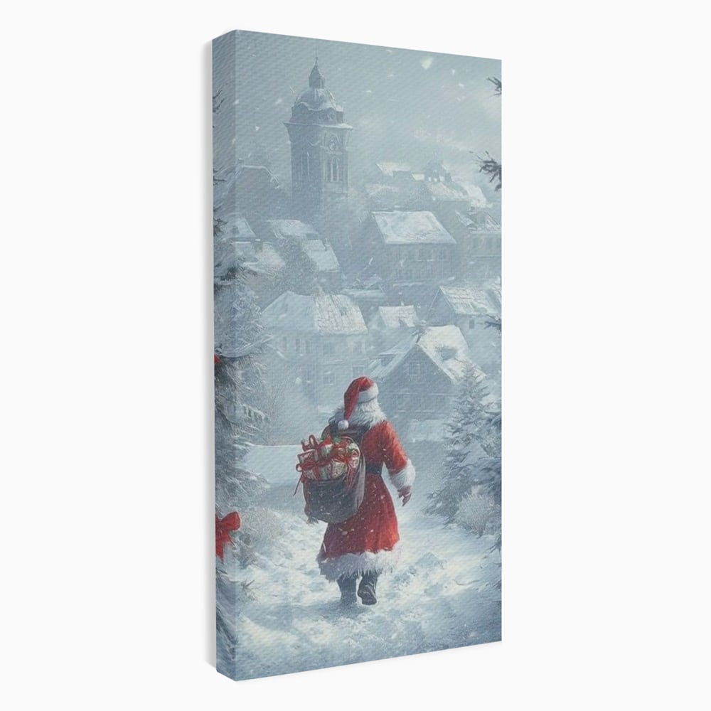 Leinwand Wandbilder Premium, LuxCanva® D1099, Heiligabend, Weihnachtsmann, Sack, Geschenke, Geschenke, Spielzeug, Anzug, Rot, Bart, Weiß, Weiß, Carares, Häuser, Häuser, Schnee, Schnee, Schnee, Freude, Zauber, Kinder, Wohnen, Schlafzimmer