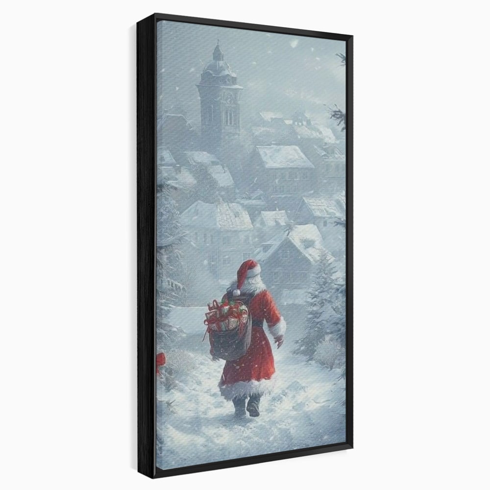 Leinwand Wandbilder Premium, LuxCanva® D1099, Heiligabend, Weihnachtsmann, Sack, Geschenke, Geschenke, Spielzeug, Anzug, Rot, Bart, Weiß, Weiß, Carares, Häuser, Häuser, Schnee, Schnee, Schnee, Freude, Zauber, Kinder, Wohnen, Schlafzimmer
