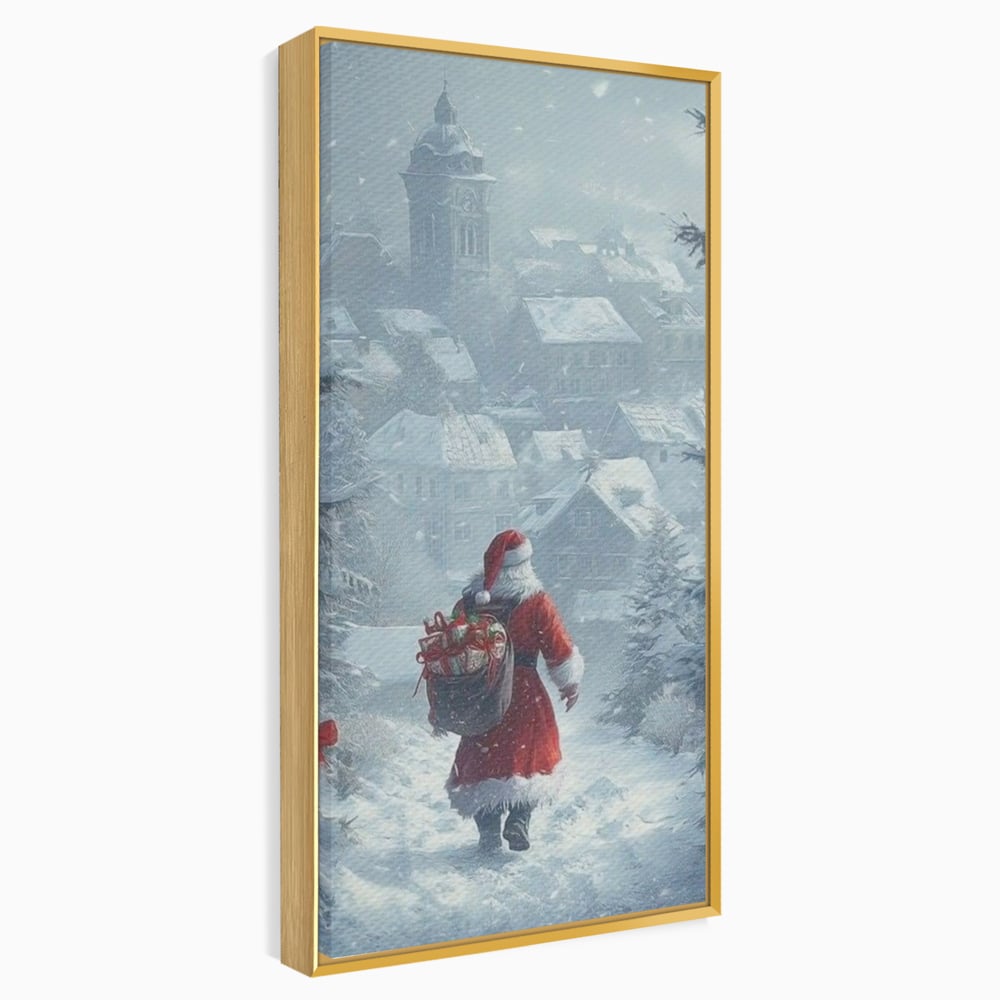 Leinwand Wandbilder Premium, LuxCanva® D1099, Heiligabend, Weihnachtsmann, Sack, Geschenke, Geschenke, Spielzeug, Anzug, Rot, Bart, Weiß, Weiß, Carares, Häuser, Häuser, Schnee, Schnee, Schnee, Freude, Zauber, Kinder, Wohnen, Schlafzimmer