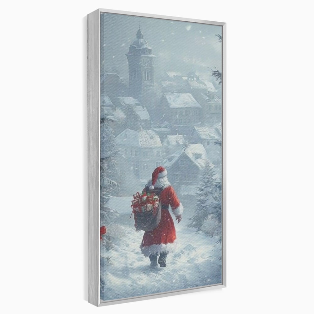 Leinwand Wandbilder Premium, LuxCanva® D1099, Heiligabend, Weihnachtsmann, Sack, Geschenke, Geschenke, Spielzeug, Anzug, Rot, Bart, Weiß, Weiß, Carares, Häuser, Häuser, Schnee, Schnee, Schnee, Freude, Zauber, Kinder, Wohnen, Schlafzimmer