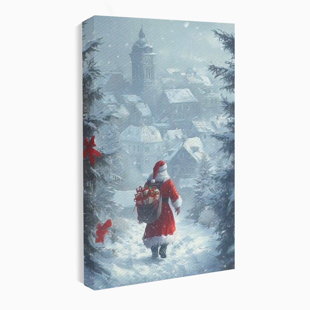 Leinwand Wandbilder Premium, LuxCanva® D1099, Heiligabend, Weihnachtsmann, Sack, Geschenke, Geschenke, Spielzeug, Anzug, Rot, Bart, Weiß, Weiß, Carares, Häuser, Häuser, Schnee, Schnee, Schnee, Freude, Zauber, Kinder, Wohnen, Schlafzimmer