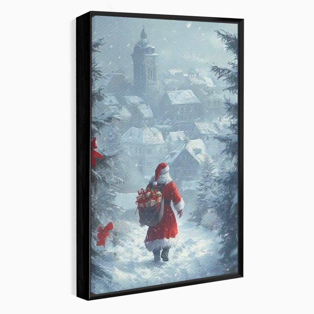 Leinwand Wandbilder Premium, LuxCanva® D1099, Heiligabend, Weihnachtsmann, Sack, Geschenke, Geschenke, Spielzeug, Anzug, Rot, Bart, Weiß, Weiß, Carares, Häuser, Häuser, Schnee, Schnee, Schnee, Freude, Zauber, Kinder, Wohnen, Schlafzimmer