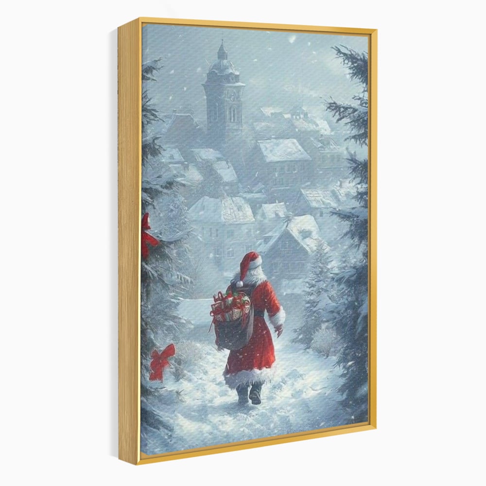 Leinwand Wandbilder Premium, LuxCanva® D1099, Heiligabend, Weihnachtsmann, Sack, Geschenke, Geschenke, Spielzeug, Anzug, Rot, Bart, Weiß, Weiß, Carares, Häuser, Häuser, Schnee, Schnee, Schnee, Freude, Zauber, Kinder, Wohnen, Schlafzimmer