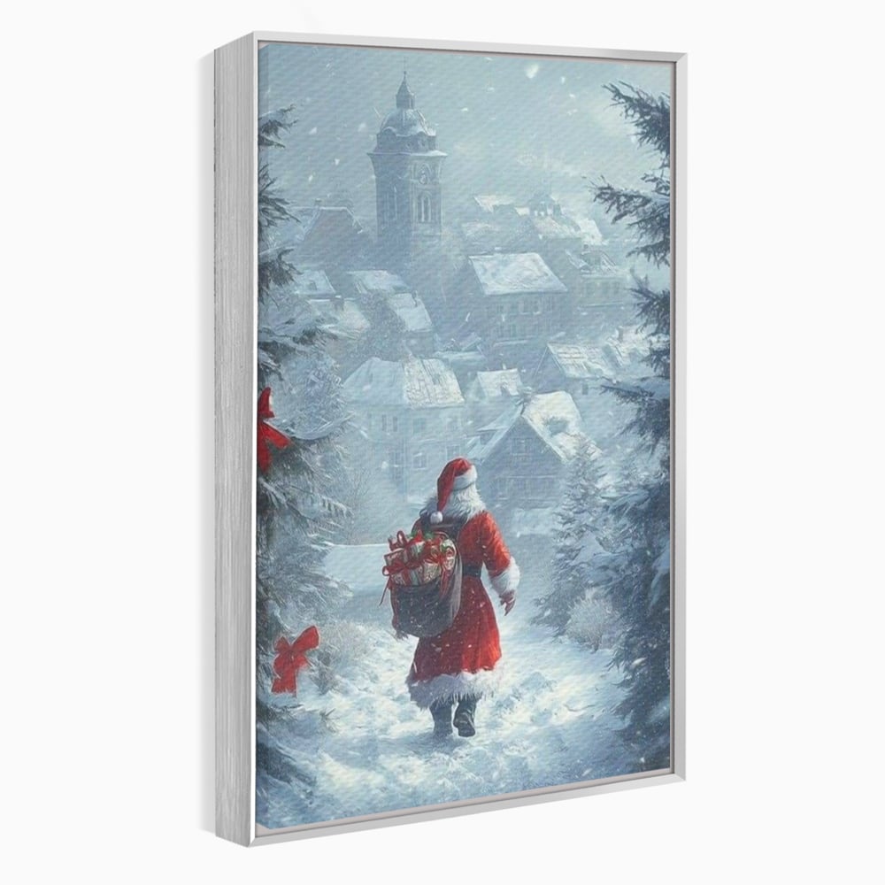 Leinwand Wandbilder Premium, LuxCanva® D1099, Heiligabend, Weihnachtsmann, Sack, Geschenke, Geschenke, Spielzeug, Anzug, Rot, Bart, Weiß, Weiß, Carares, Häuser, Häuser, Schnee, Schnee, Schnee, Freude, Zauber, Kinder, Wohnen, Schlafzimmer