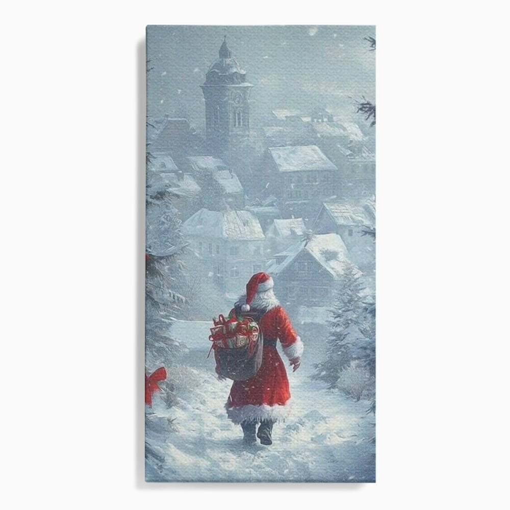 Leinwand Wandbilder Premium, LuxCanva® D1099, Heiligabend, Weihnachtsmann, Sack, Geschenke, Geschenke, Spielzeug, Anzug, Rot, Bart, Weiß, Weiß, Carares, Häuser, Häuser, Schnee, Schnee, Schnee, Freude, Zauber, Kinder, Wohnen, Schlafzimmer