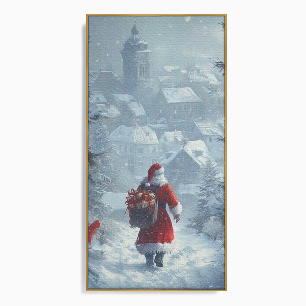 Leinwand Wandbilder Premium, LuxCanva® D1099, Heiligabend, Weihnachtsmann, Sack, Geschenke, Geschenke, Spielzeug, Anzug, Rot, Bart, Weiß, Weiß, Carares, Häuser, Häuser, Schnee, Schnee, Schnee, Freude, Zauber, Kinder, Wohnen, Schlafzimmer