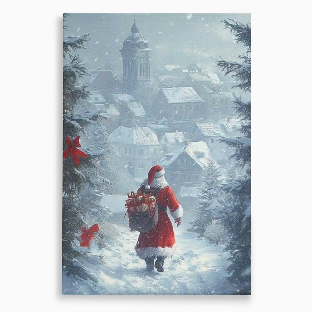 Leinwand Wandbilder Premium, LuxCanva® D1099, Heiligabend, Weihnachtsmann, Sack, Geschenke, Geschenke, Spielzeug, Anzug, Rot, Bart, Weiß, Weiß, Carares, Häuser, Häuser, Schnee, Schnee, Schnee, Freude, Zauber, Kinder, Wohnen, Schlafzimmer