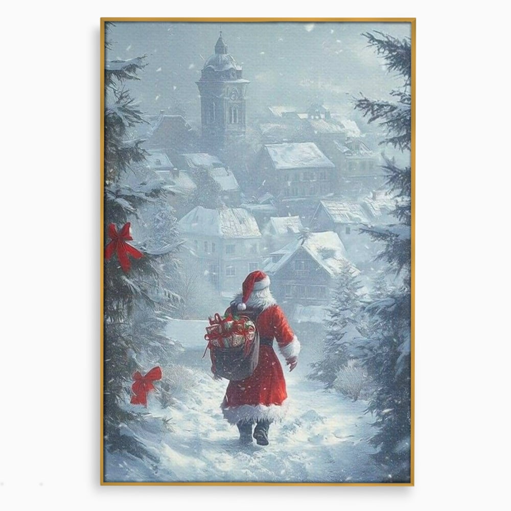 Leinwand Wandbilder Premium, LuxCanva® D1099, Heiligabend, Weihnachtsmann, Sack, Geschenke, Geschenke, Spielzeug, Anzug, Rot, Bart, Weiß, Weiß, Carares, Häuser, Häuser, Schnee, Schnee, Schnee, Freude, Zauber, Kinder, Wohnen, Schlafzimmer