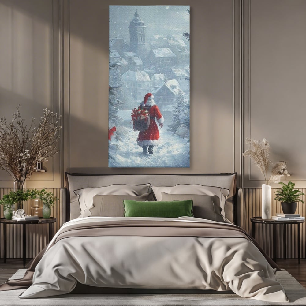 Leinwand Wandbilder Premium, LuxCanva® D1099, Heiligabend, Weihnachtsmann, Sack, Geschenke, Geschenke, Spielzeug, Anzug, Rot, Bart, Weiß, Weiß, Carares, Häuser, Häuser, Schnee, Schnee, Schnee, Freude, Zauber, Kinder, Wohnen, Schlafzimmer