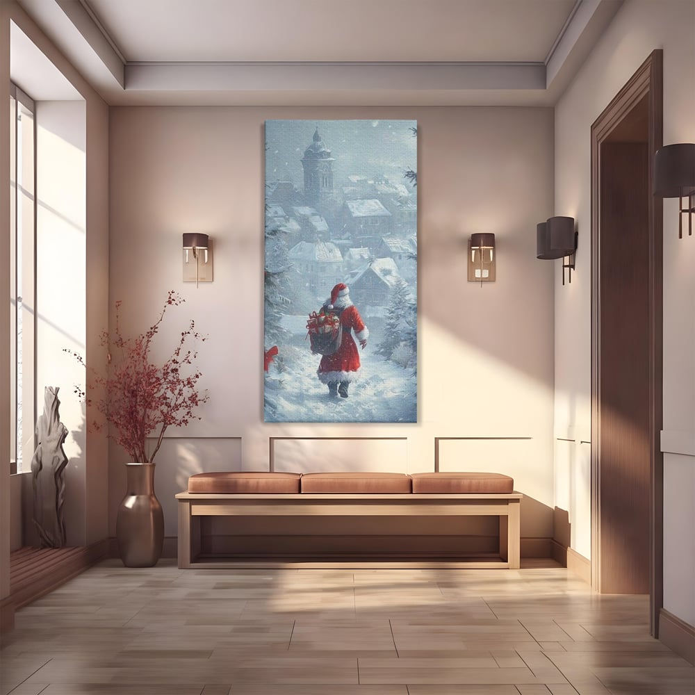 Leinwand Wandbilder Premium, LuxCanva® D1099, Heiligabend, Weihnachtsmann, Sack, Geschenke, Geschenke, Spielzeug, Anzug, Rot, Bart, Weiß, Weiß, Carares, Häuser, Häuser, Schnee, Schnee, Schnee, Freude, Zauber, Kinder, Wohnen, Schlafzimmer